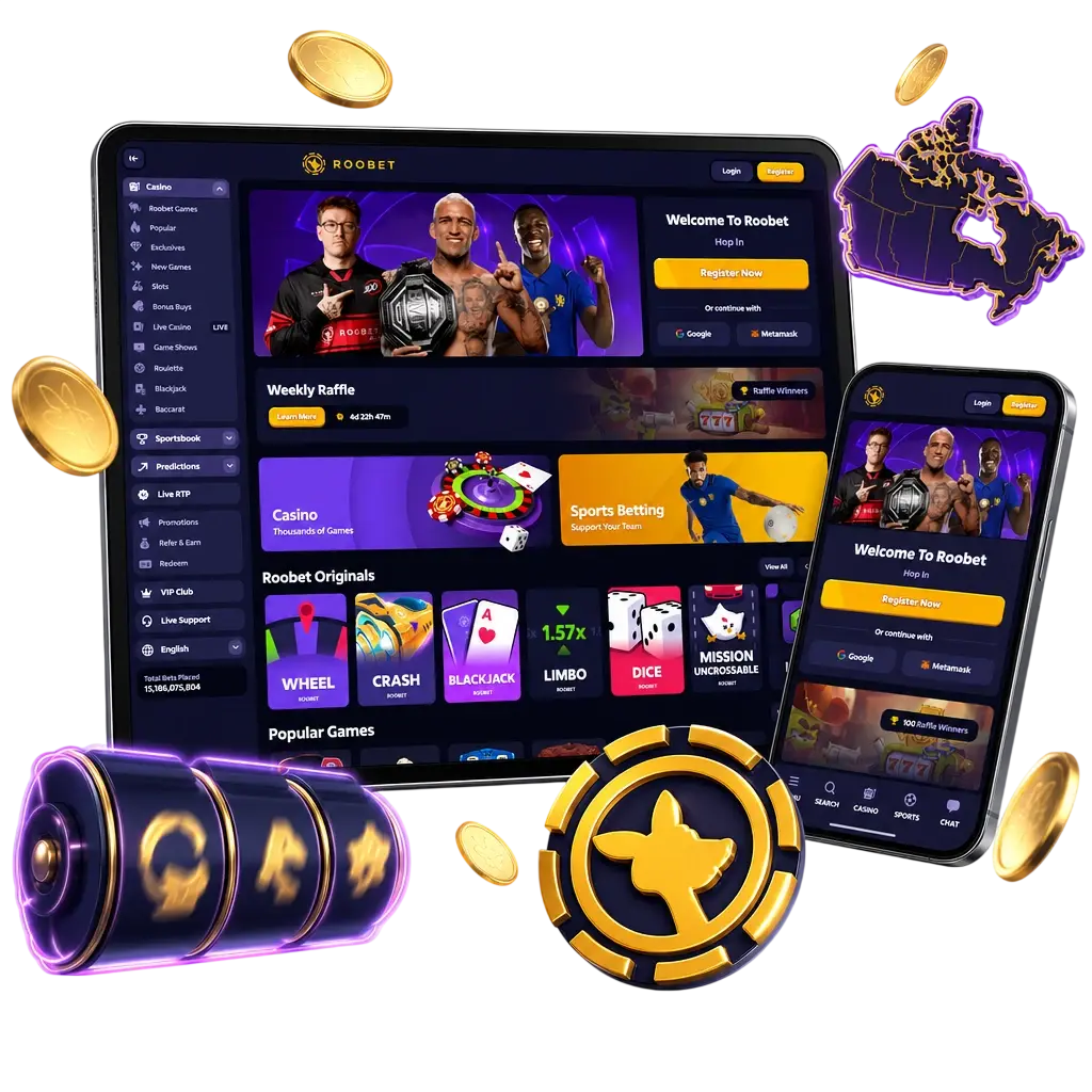 Roobet casino welcome bonus screen showing deposit match offer for new players' first qualifying transaction