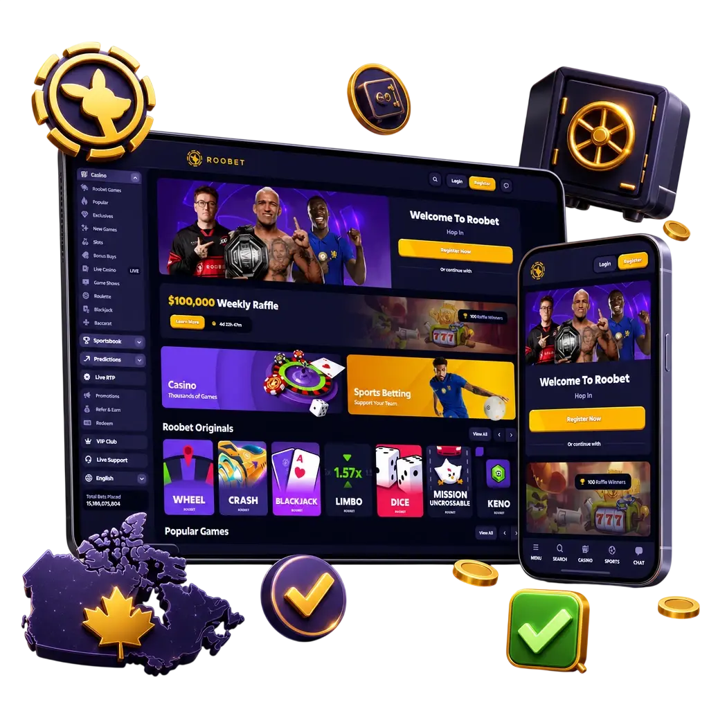 Guide showing steps and CAD limits for withdrawing winnings at Roobet, covering cards, e-wallets, crypto, and bank transfer.