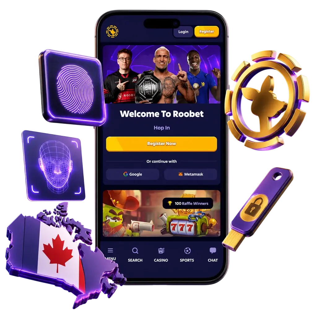 Mobile login screen for Roobet showing sign-in options with email, phone, or social networks and biometric access.