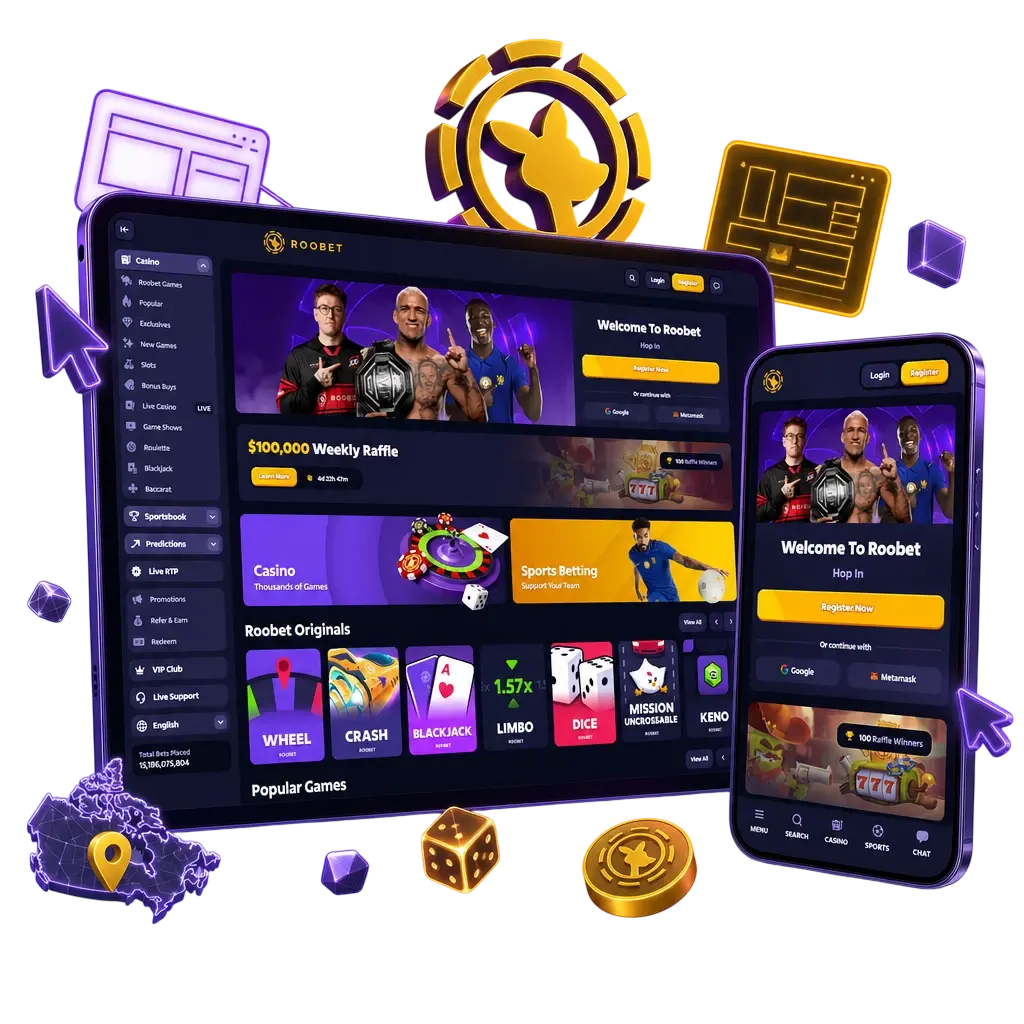 Roobet app dark-themed interface with bottom navigation for sportsbook, live casino, bet slip, and account settings