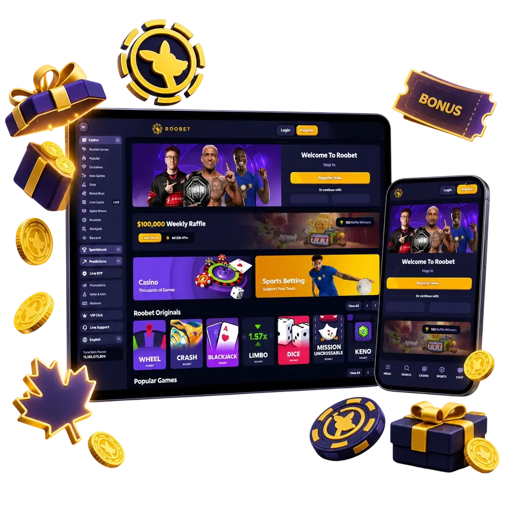 Roobet app welcome bonus table showing match percentage, limits, and wagering requirements for Canadian players