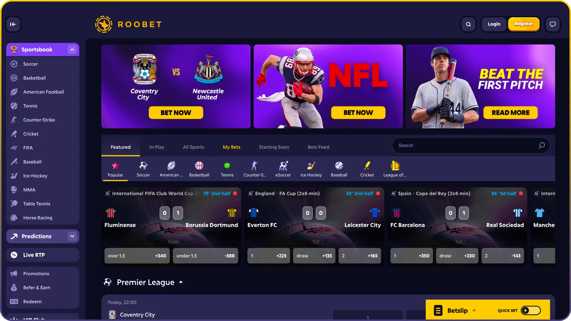Bet on popular sports events with the best Roobet odds.